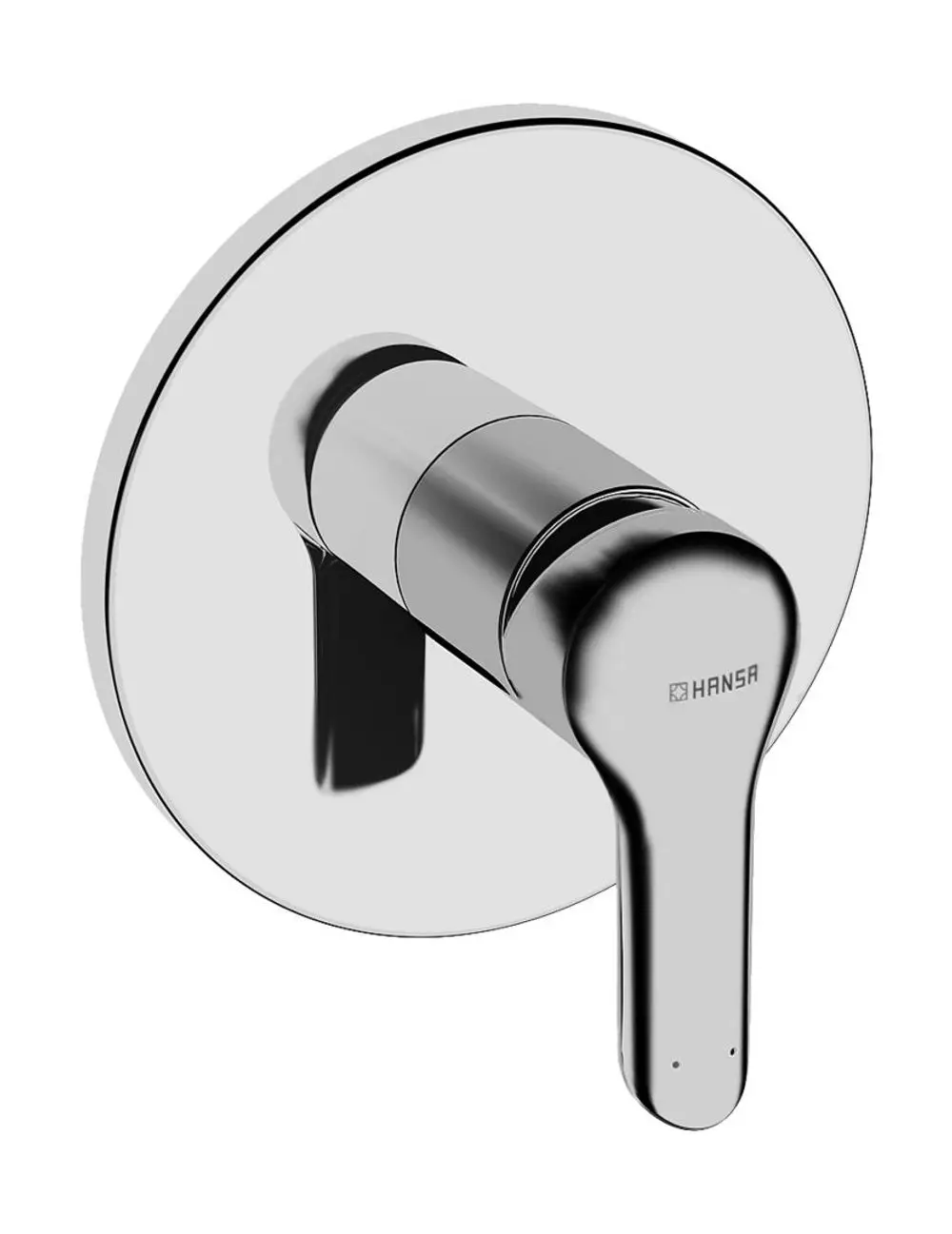 Einhebelmischer für Brausebatterie in rundem Chromdesign, montiert auf einer kreisförmigen Wandplatte. Sichtbares Logo der Marke Hansa.